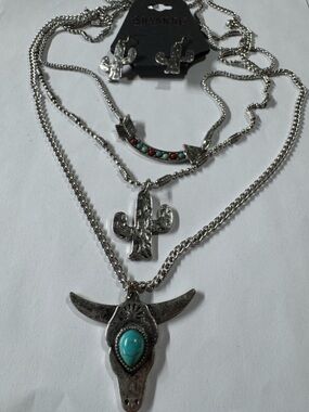 Layered Silver-Tone Southwestern Pendant Necklace Set - Turquoise Accents